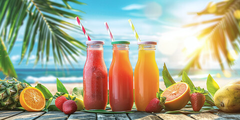three bottles of fruit juice on wooden table with tropical beach background, fresh orange and strawberry fruits and green leaves near glass bottle, drinking straw in colorful smoothie for summer - Powered by Adobe