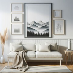 A couch with pillows and a picture on the wall image attractive lively.