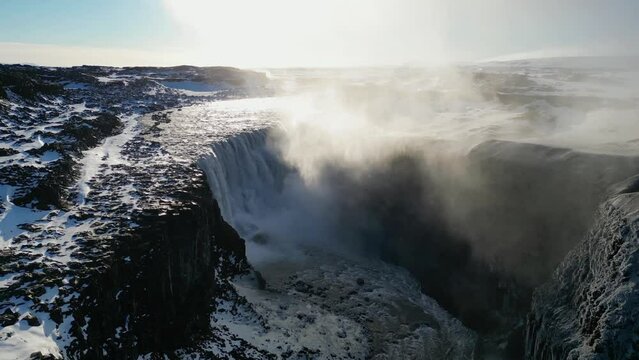 Aerial shot of Dettifoss waterfall in iceland during winter in the morning