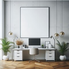 A desk with a computer and a chair and a picture frame on the wall image lively has illustrative meaning used for printing.