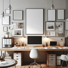 A desk with a computer and a chair and a picture frame on the wall image photo has illustrative meaning used for printing.
