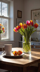 Springtime Splendor, Tulips Bouquet Graces Kitchen Table, Bathed in Bright Light