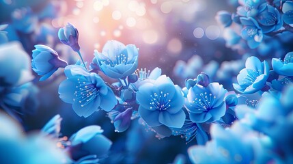 Vibrant blue cherry blossoms on a branch against a magical bokeh backdrop symbolize spring's arrival.