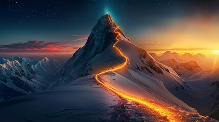 Glowing path to the mountaintop: business success strategy and development concept.