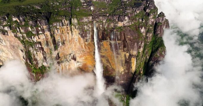 Well-known Angel Falls With Clouds In Canaima National Park, Venezuela. - aerial shot