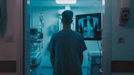 In a modern hospital, a man stands facing a wall while a doctor adjusts his X-ray machine for scanning. Scanning for fractures, broken limbs, cancer, or tumors.