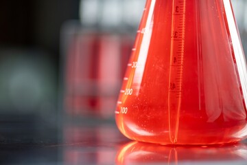 Image shows a close up of an Erlenmeyer flask containing a red liquid.