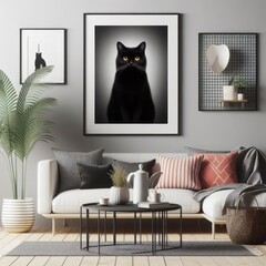 A living room with a template mockup poster and with a couch and a picture of a cat image realistic attractive harmony.