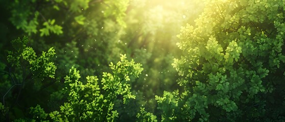 Fototapeta premium Top view of a young green forest in spring or summer, in the style of sunlight play, soft focus