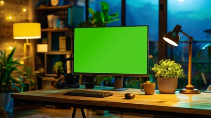 A mock-up green screen display with a personal computer stands on a desk in the comfortable living room of a prominent designer.