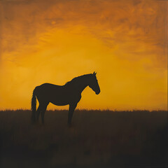 A wild mustang silhouetted against a blazing yellow sunset on the open range, soft lighting.