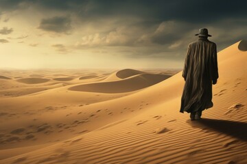 Lone figure in a coat walking through vast sand dunes at sunset - Powered by Adobe