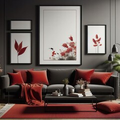 A living room with a template mockup poster empty white and with a couch and a coffee table image photo lively.