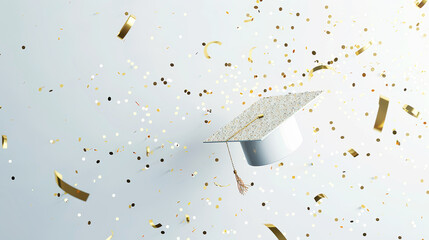 Elegant aesthetic invitation mockup for graduation with academic cap. Light background with confetti. Generative AI