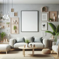 A living room with a template mockup poster empty white and with a couch and a coffee table photo lively used for printing.