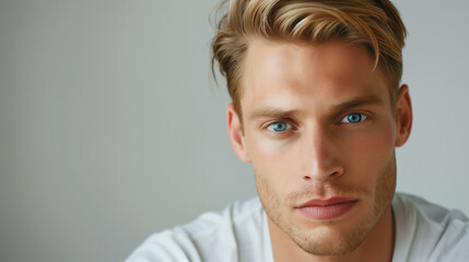 Fototapeta premium copy space, high resolution photo, 30 year very attractive man, beautiful blue eyes he is very strong, blonde hair, defined jawline, wearing a simple T-shirt, he looks very confident