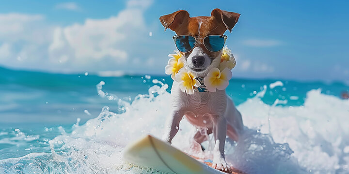 jack russell dog surfing on a wave , on ocean sea on summer vacation holidays, with cool sunglasses and flower chain