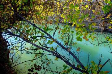 Uzbekistan upper reaches of the Chirchik river. The water in the river is a beautiful bluish green color.