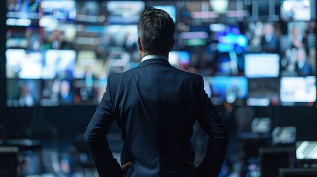 Standing in a blurry room with blurred screens, a government official, politician, news reporter, or businessman is seen in the back.