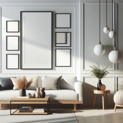 A living room with a template mockup poster empty white and with a couch and a table image art lively.