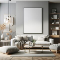 A living room with a template mockup poster empty white and with a couch and a table image harmony has illustrative meaning has illustrative meaning.