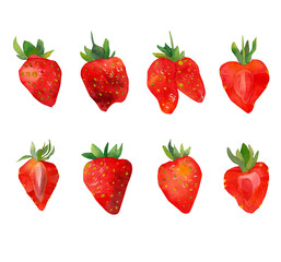 Set with red strawberries hand drawn watercolor. Berries isolated on white background, summer sweet fruit. Watercolor fruit set.