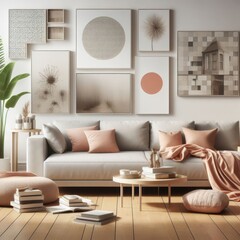 A living room with a template mockup poster empty white and with a couch and a table standardscalex image attractive lively has illustrative meaning.