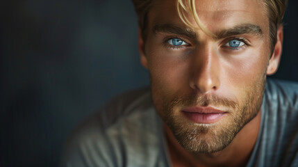 Fototapeta premium copy space, high resolution photo, 30 year very attractive man, beautiful blue eyes he is very strong, blonde hair, defined jawline, wearing a simple T-shirt, he looks very confident