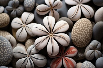 Close-up macro photography of assorted decorative patterned stones with natural earthy tones, smooth surfaces, and intricate geological patterns, perfect for interior decoration or zen garden design