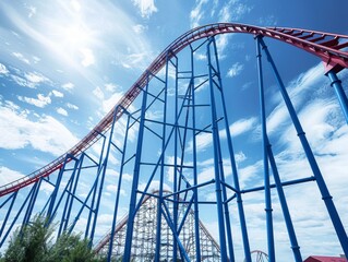 Obraz premium A Roller Coaster at Summer in an Attraction Park, blue sky