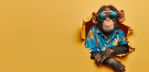 happy monkey ​​in sunglasses and hawaiian shirt peeking out of a paper hole. copy space, creative banner