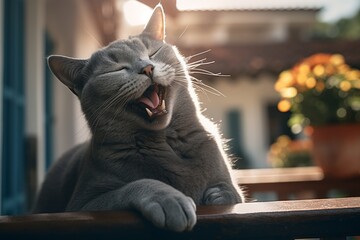 Close-up portrait photography of a smiling russian blue cat licking a paw over sunny balcony