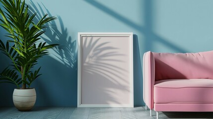 Frame mockup, Scandinavian style, home interior living room wall poster design with sofa, 3D render
