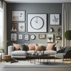 A living room with a template mockup poster empty white and with a couch and chairs image realistic photo used for printing.