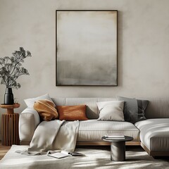 Frame mockup, Scandinavian style, home interior living room wall poster design with sofa, 3D render