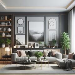 A living room with a template mockup poster empty white and with a couch and coffee tables image art realistic card design.
