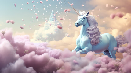 A majestic unicorn with a long flowing mane and tail stands on a bed of pink clouds