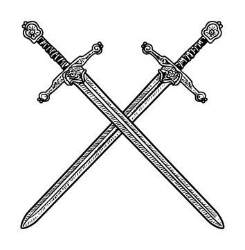 sword crossed engraving black and white outline