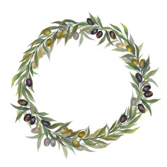 An elegant watercolor illustration depicting a round wreath of green and black olives intertwined with olive leaves, made in an artistic style with a sense of naturalness © alexandra nova