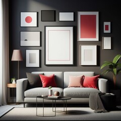 A living room with a template mockup poster empty white and with a couch and pictures on the wall art realistic photo lively.