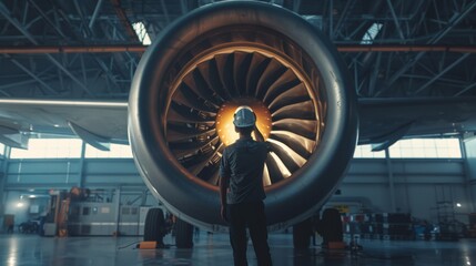 Fototapeta premium Inspecting and working on a plane's jet engine in a hangar by an aircraft maintenance mechanic