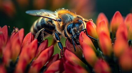 Fototapeta premium A bee pollinating a red flower. The bee is covered in pollen and the flower is in focus. The background is blurred and out of focus.