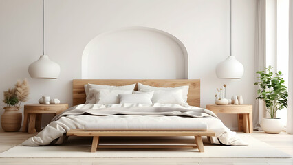 Inviting bedroom with soft bedding, wooden bedframe, and pendant lighting creating a soothing ambiance