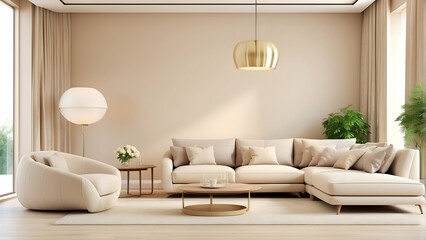 Bright and airy living space adorned with a plush sofa set, trendy armchair, and golden accents