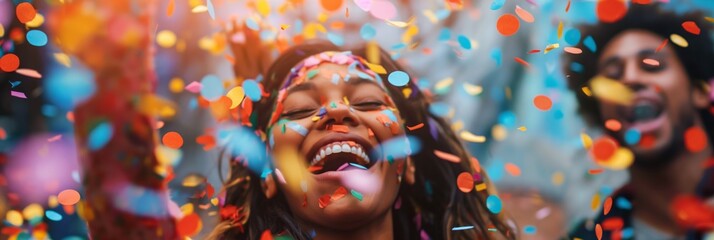 Excited woman surrounded by flying confetti with a joyful expression at a party