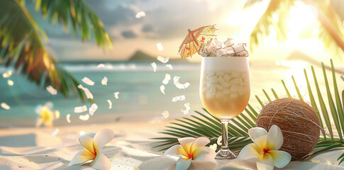 Tropical cocktail with coconuts and flowers on the beach background, summer vacation concept