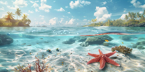 Underwater view of clear tropical ocean with starfish, coral and fish on the beach in sunny day....