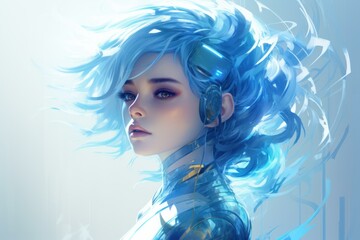 Digital painting of a female cyborg with flowing blue hair and high-tech earpiece