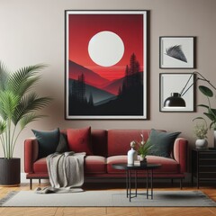 A living room with a template mockup poster empty white and with a red couch and a painting on the wall art photo harmony lively.