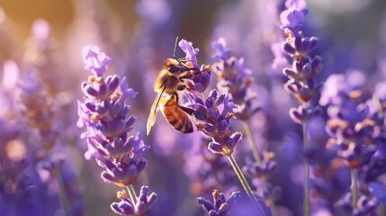 A bee pollinating a lavender flower. The bee is covered in yellow and black stripes, and the lavender flower is purple.